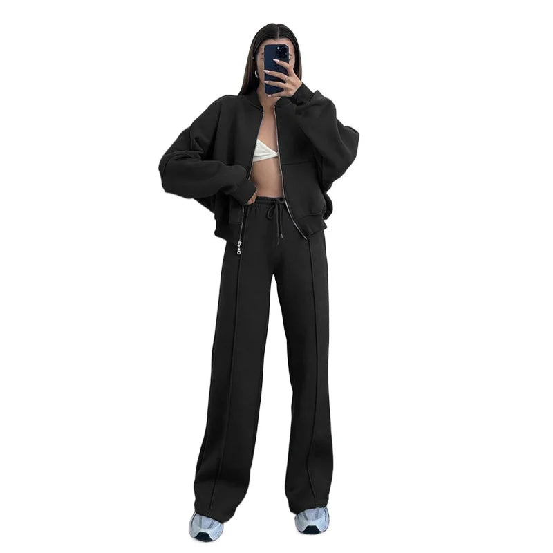 Women Casual Solid Pant Sets Two Piece Sweatshirts Full Sleeve Zipper Coats Long Pants Pockets Autumn Winter