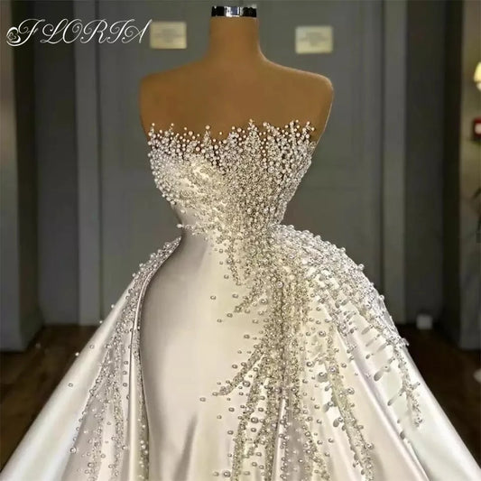 Elegant Pearls Crystal Mermaid Wedding Dress Strapless Overskirt Satin Bridal Gown