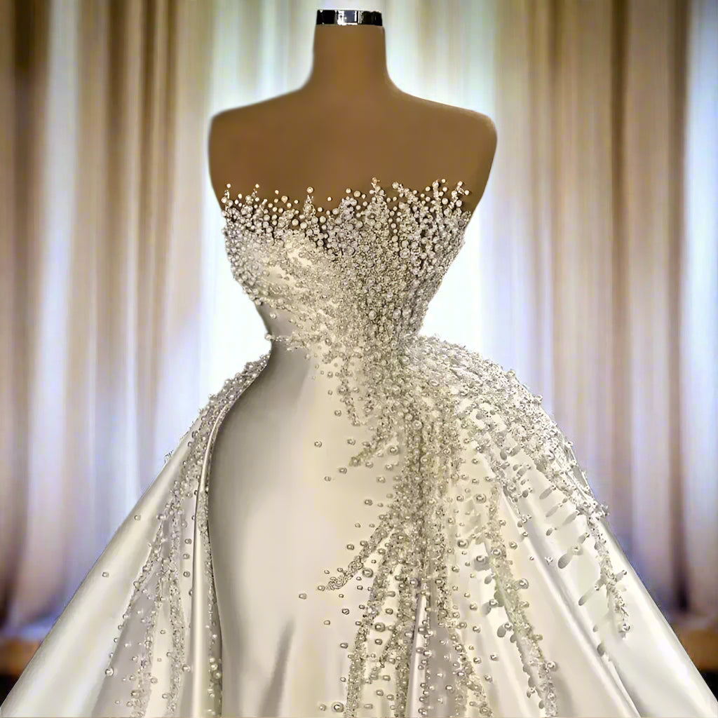 Elegant Pearls Crystal Mermaid Wedding Dress Strapless Overskirt Satin Bridal Gown