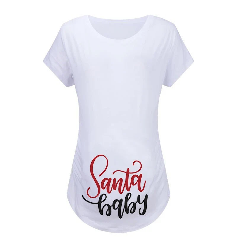 Christmas Women's Maternity T-shirt Santa Baby Printed Pregnant Women T-shirt Pregnancy Casual Short Sleeve White Clothes