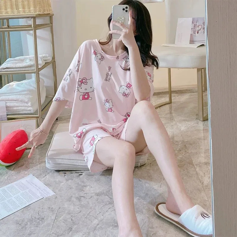 Hello Kitty 2Pcs Pajamas Set for Women Long Sleeve Tops Pants Loungewear