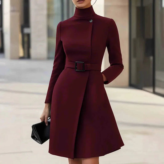 Turtleneck Solid A-Line Dress Elegant Button High Waist Pocket Long Sleeve Casual Party Dress