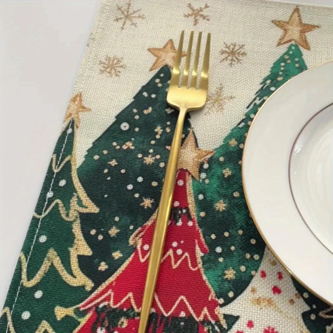 4/6/8/10Pcs Christmas Tree Printed Placemats, Washable Kitchen Table Mats, Christmas Decorative Placemats