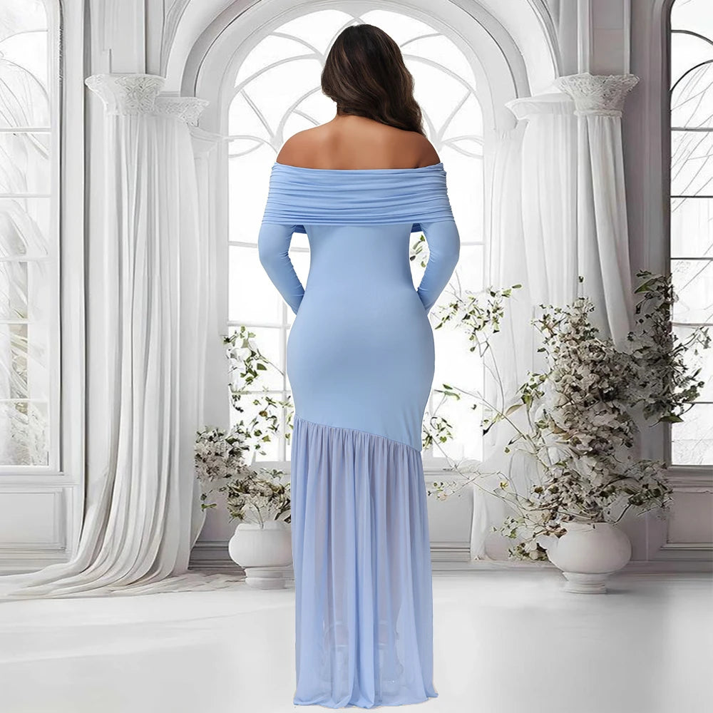 Elegant Maternity Gown Photoshoot Party Dress Off-Shoulder Slits Fishtail Hem