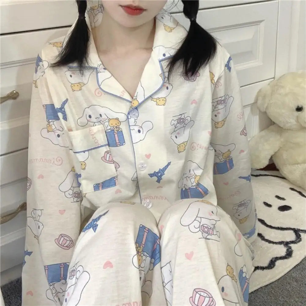 Hello Kitty 2Pcs Pajamas Set for Women Long Sleeve Tops Pants Loungewear