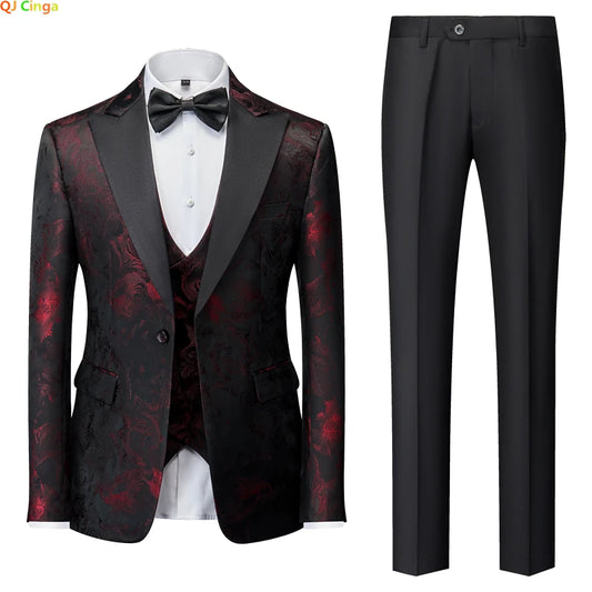 Men's Suit Set Three Pieces, Jacquard Fabric Jacket Pants & Vest