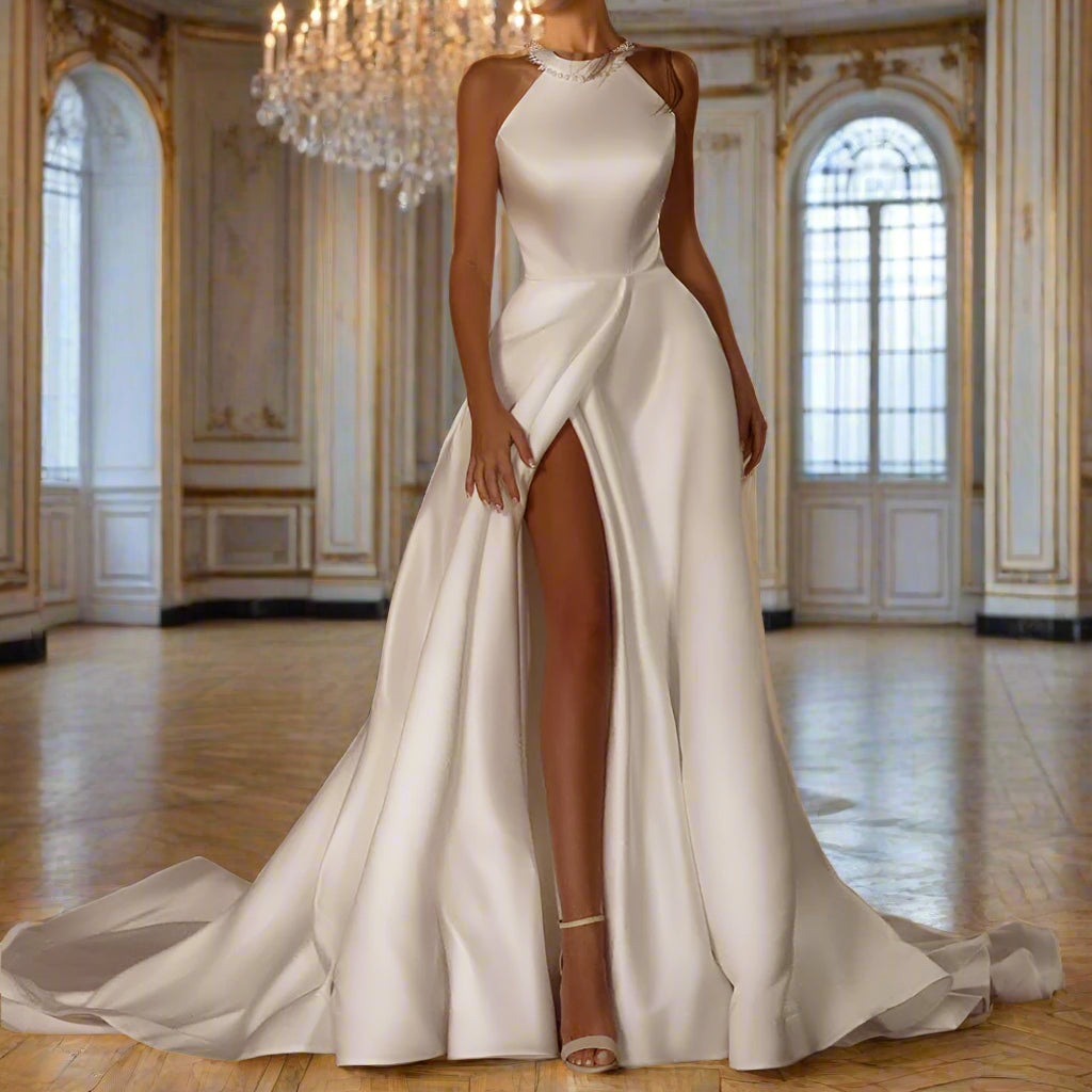 Customized Temperament Elegant Pearls Sleeveless Wedding Dress High Slit Back Bow A-Line Simple Bridal Gown
