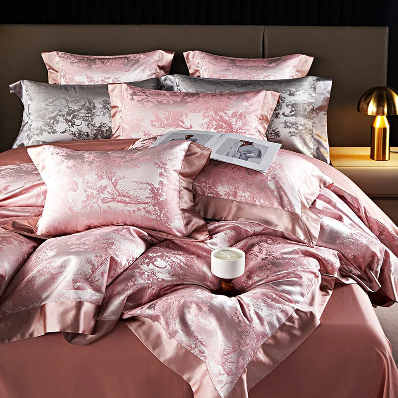 4/6Pcs Luxury Beige Gold Brocade Jacquard Egyptian Cotton Bedding Set Duvet Cover Flat/Fitted Bed Sheet Pillowcases