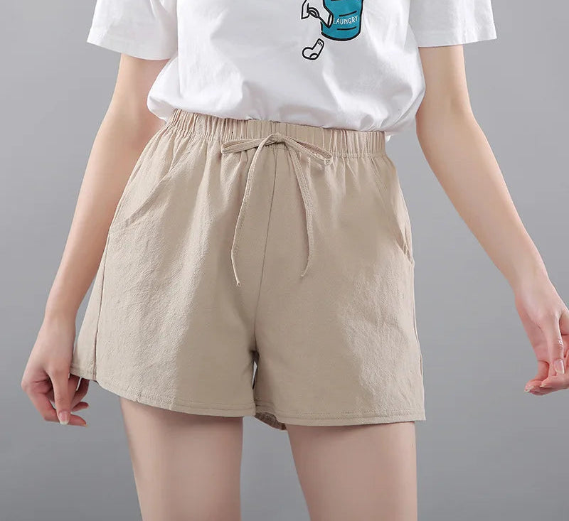 Women Summer Shorts Korean Wide Leg Casual Solid Drawstring Elastic Waist Cotton