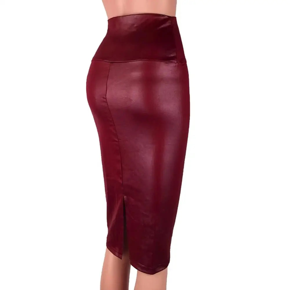 Elegant High Waist Split Faux Women Leather Pencil Skirt Knee Length