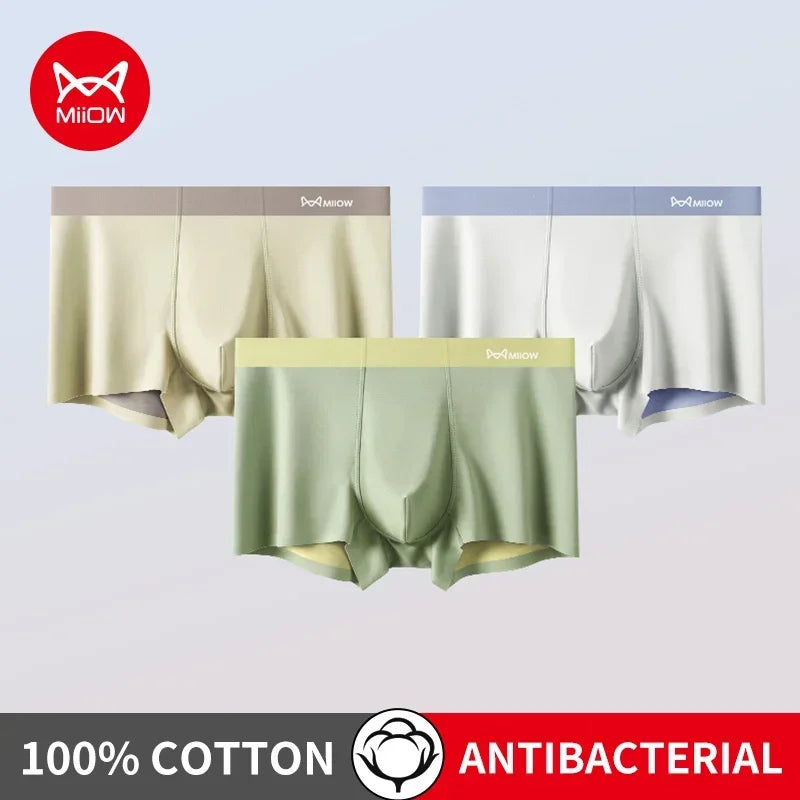 3Pcs 100% Cotton Silk Crotch Men's Antibacterial Boxers