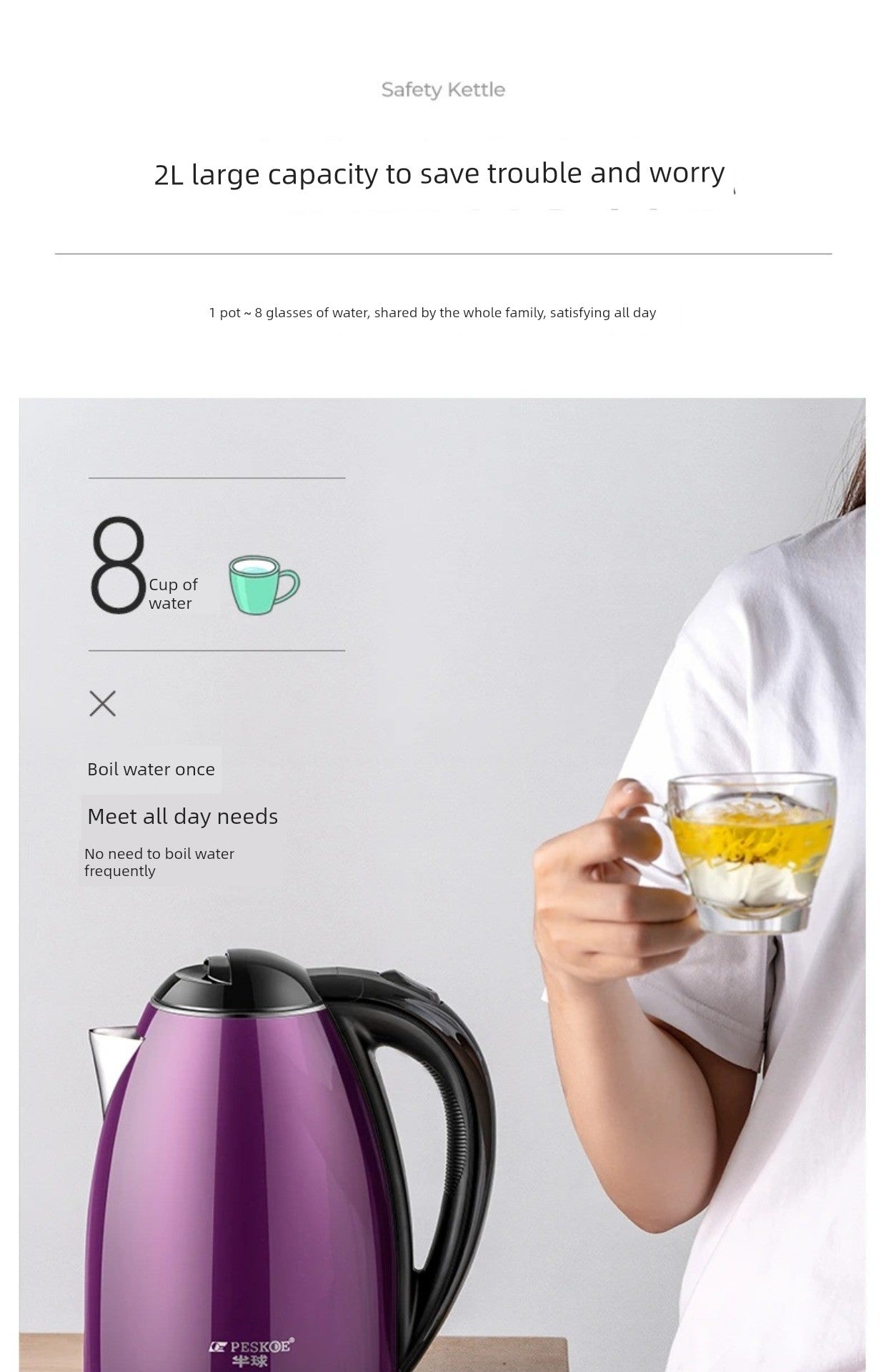Positive Hemisphere 2L Electric Kettle Oven Mitts 304 Stainless Steel Automatic Power off and Food Grade