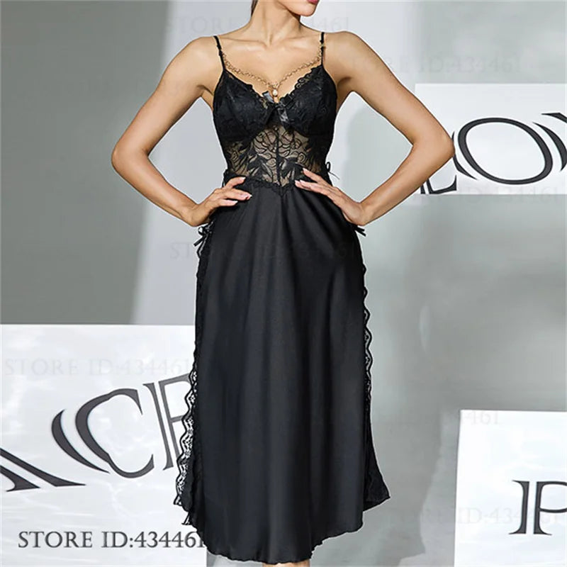 Women Sexy Lingerie Long Nightgown Ice Silk Chemise Sleepwear