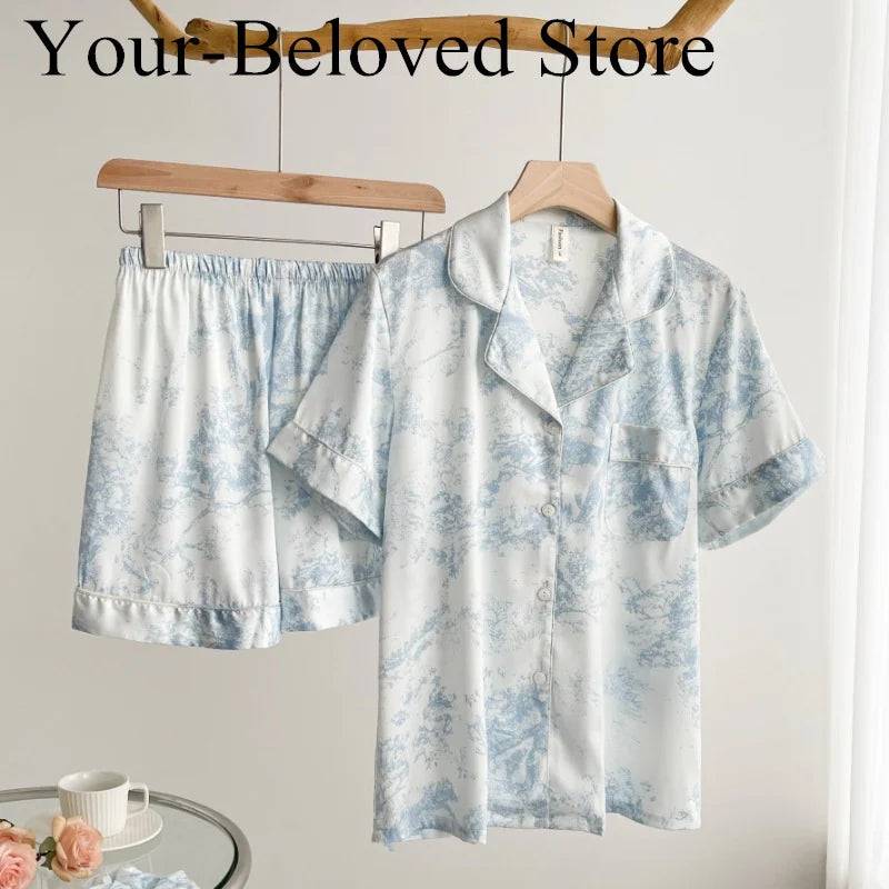 Red Sexy Pajamas Set Lapel Shirt & Pants for Lady Summer Spring 2Pcs Nightwear