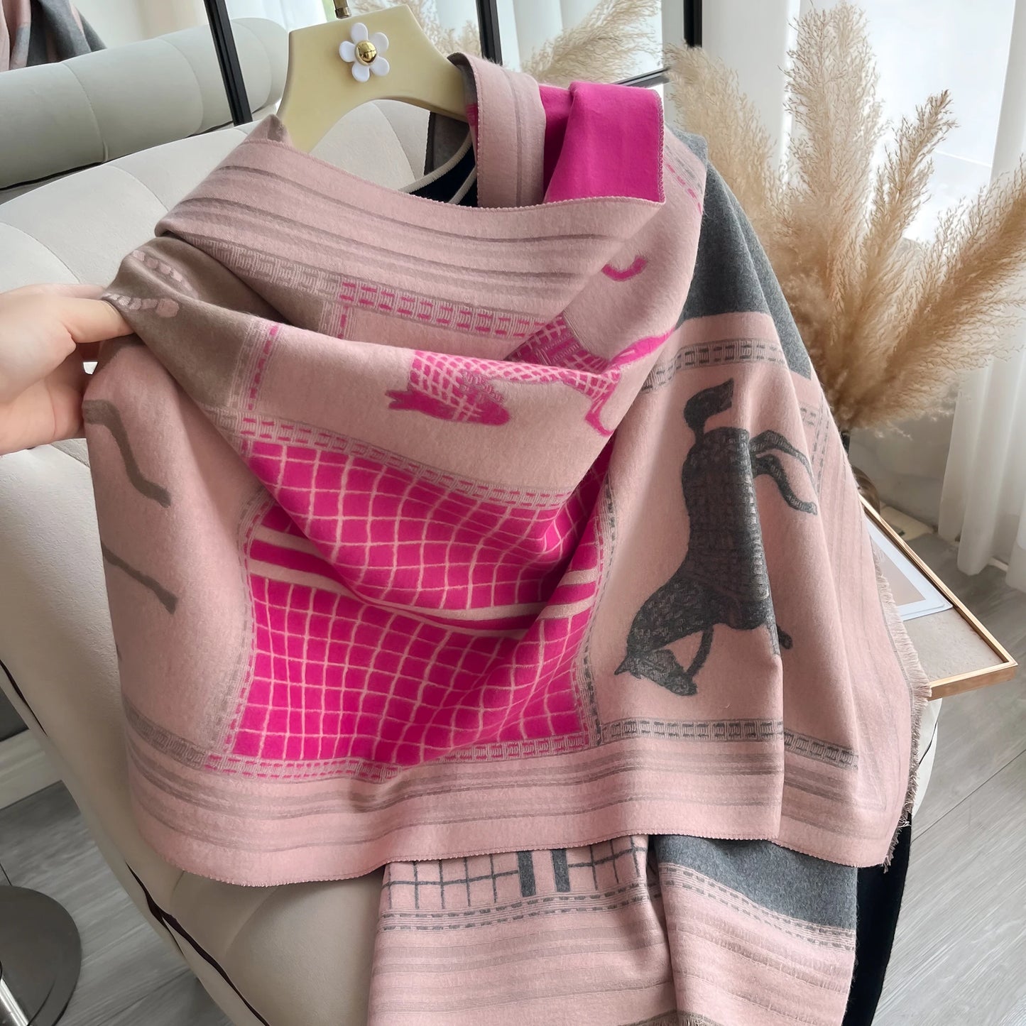 Luxury Women Thick Winter Cashmere Scarf Horse Print Warm Pashmina Poncho