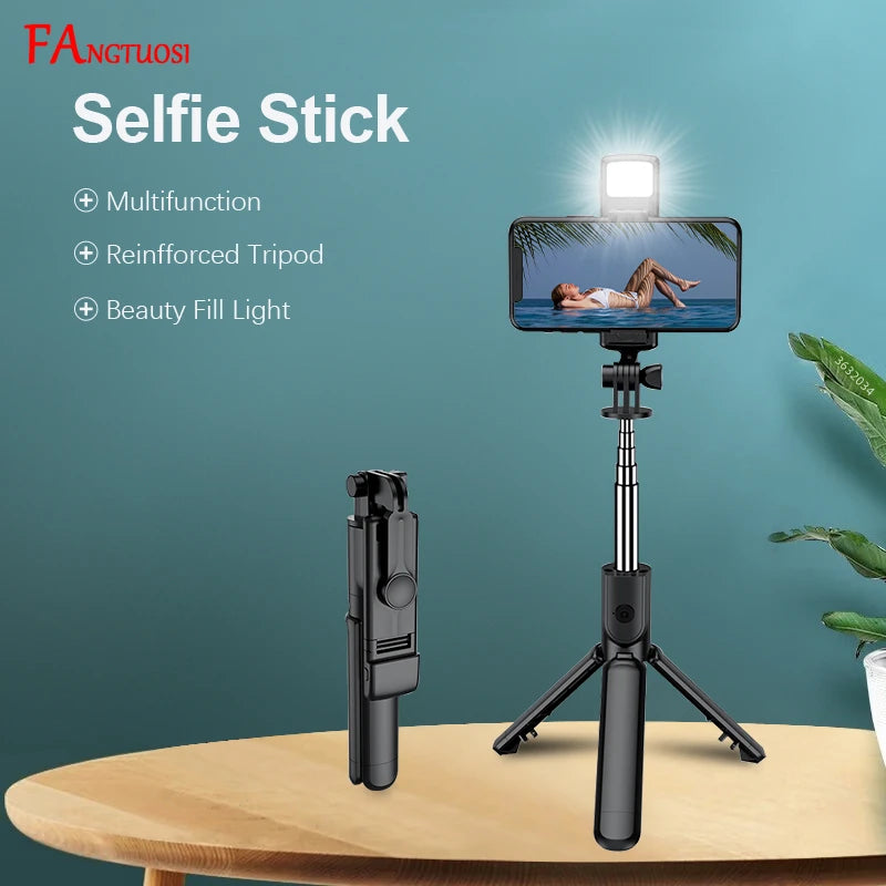 Wireless Bluetooth Selfie Stick Mobile Phone Holder Retractable Portable Mini Tripod With Fill Light Remote Shutter