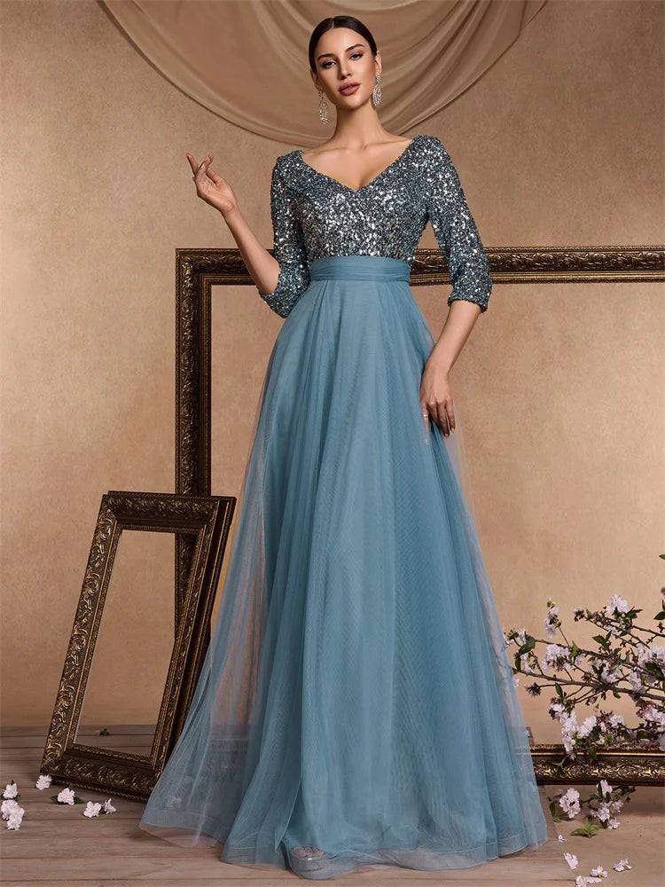 Luxury Floor Length V-Neck Evening Dress Party Maxi Dress Sequin Short Sleeves Prom Cocktail Gown
