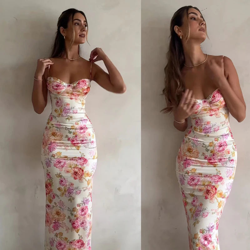 Summer Floral Suspender Split Slim Sleeveless Party Beach Style Spaghetti Strap Dress