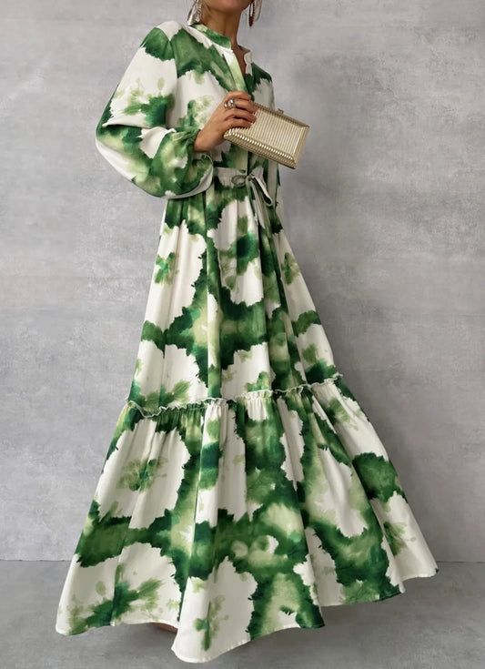 Summer Long Elegant Women Maxi Dresses Green Print Long Sleeve V Neck Waist