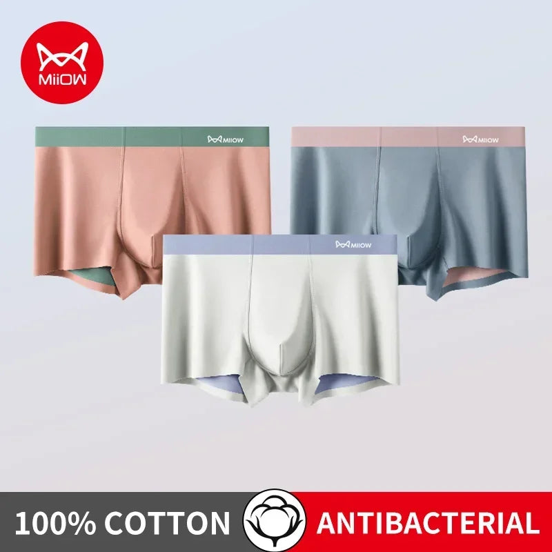 3Pcs 100% Cotton Silk Crotch Men's Antibacterial Boxers