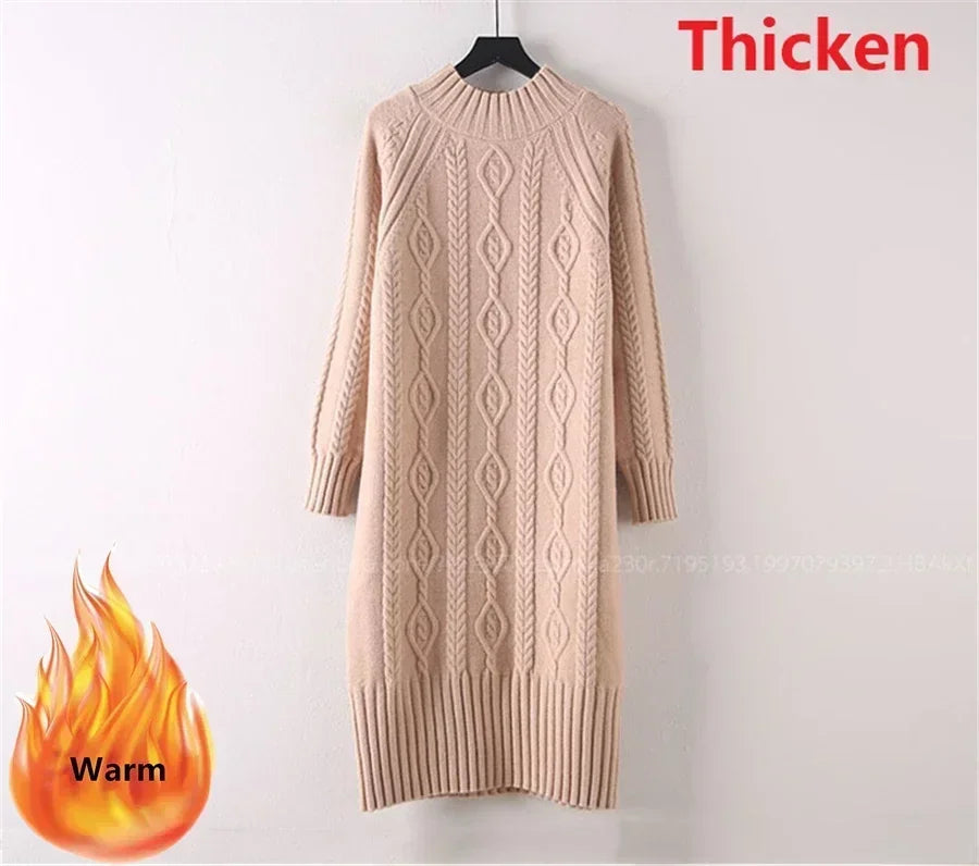 Women Winter Thicken Plus Velvet Sweater Dress Mock Neck Rib Knit Midi With Coats