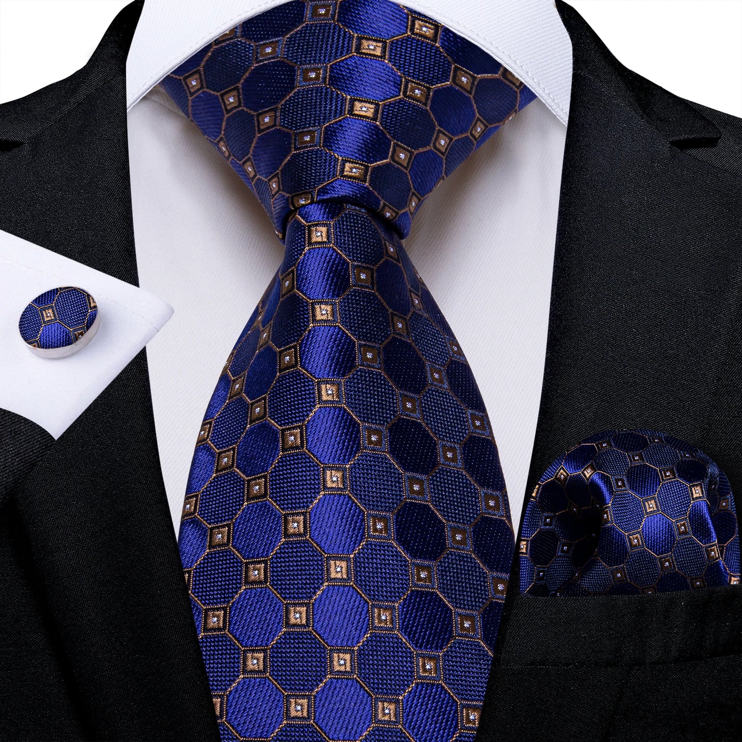 New Classic 100% Silk Men's Ties 8cm Blue Plaid Dot Striped Business Necktie Handkerchief Wedding Party Tie Set