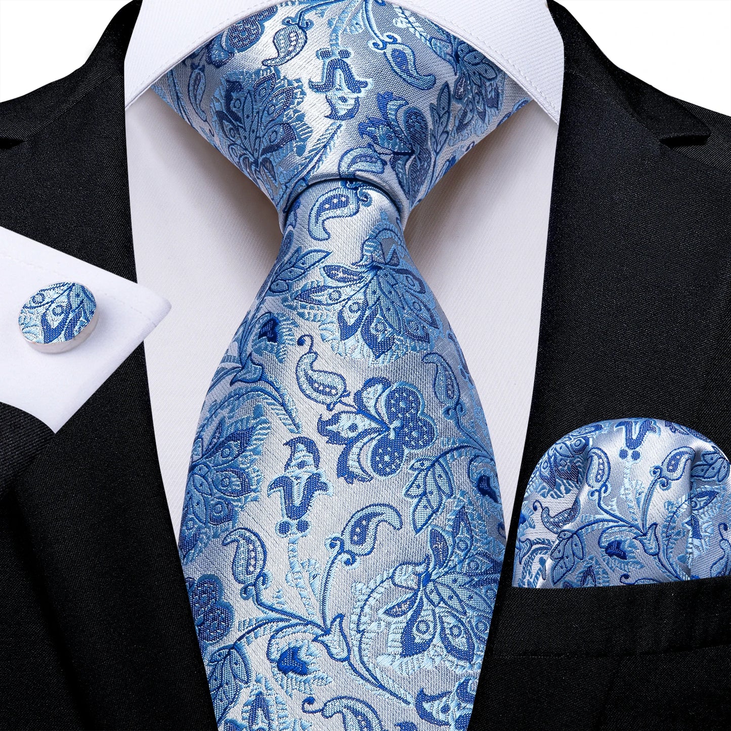 New Classic 100% Silk Men's Ties 8cm Blue Plaid Dot Striped Business Necktie Handkerchief Wedding Party Tie Set