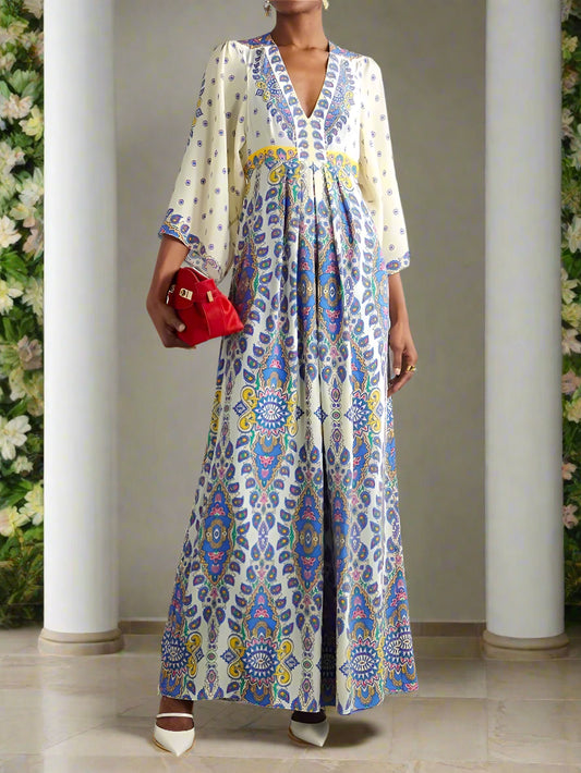 Three Quarter Sleeve Patchwork Loose Chic Maxi Women V Neck Dress