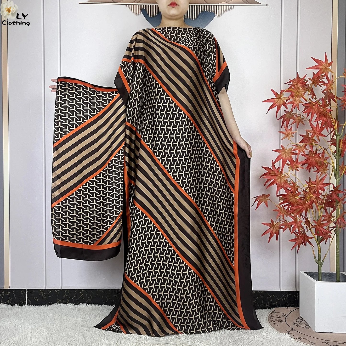 Women Printed Silk Soft Loose Maxi Party Dresses With Belt Turban