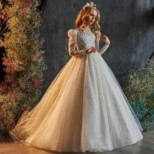 Luxury Sequins Flower Girl Dress For Wedding Party Baptism Birthday Gowns Tulle High Neck