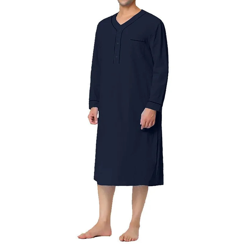 Men's Casual Long Sleeve V-neck Comfortable Pajamas Loose Fit Solid Nightgown