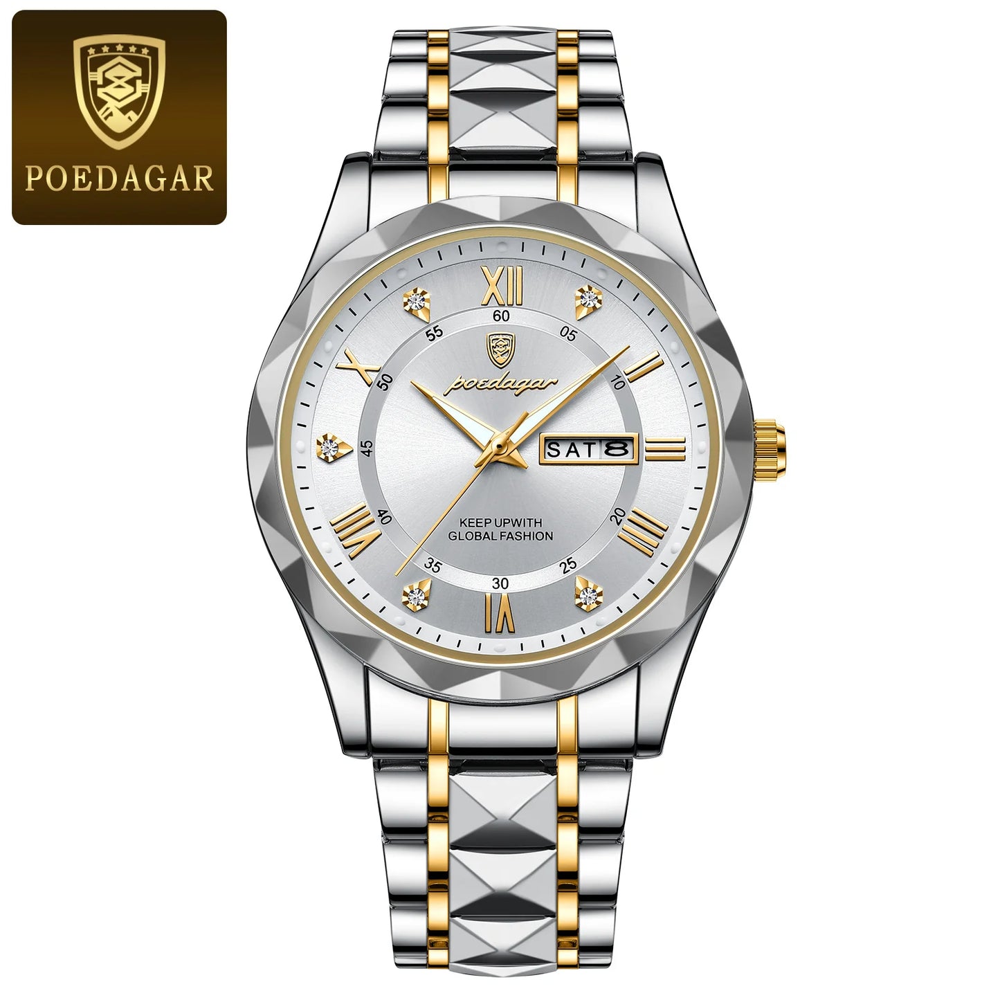 POEDAGAR Top Brand Luxury Men's Waterproof Stainless Steel Quartz Watch Luminous Calendar Week