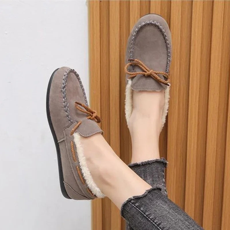 Women's Moccasins Soft Loafers Comfort Warm Plush Bow Slip on Cotton Shoes