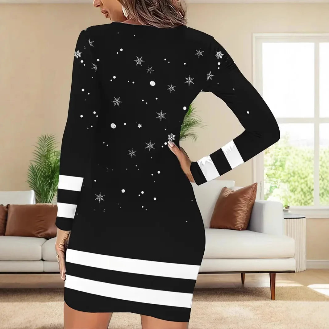 Women's sexy Christmas dress, fashionable printed long sleeved, slim fit, suitable for autumn Christmas