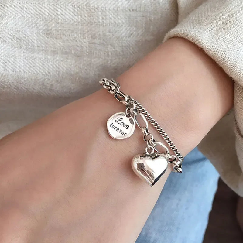 Sterling Silver Bracelet Love Letter Heart Double Layer Retro Light Style