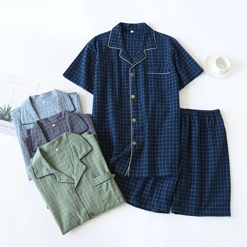 Men's Pajamas Summer Thin Short-sleeved Shorts Cotton Plaid