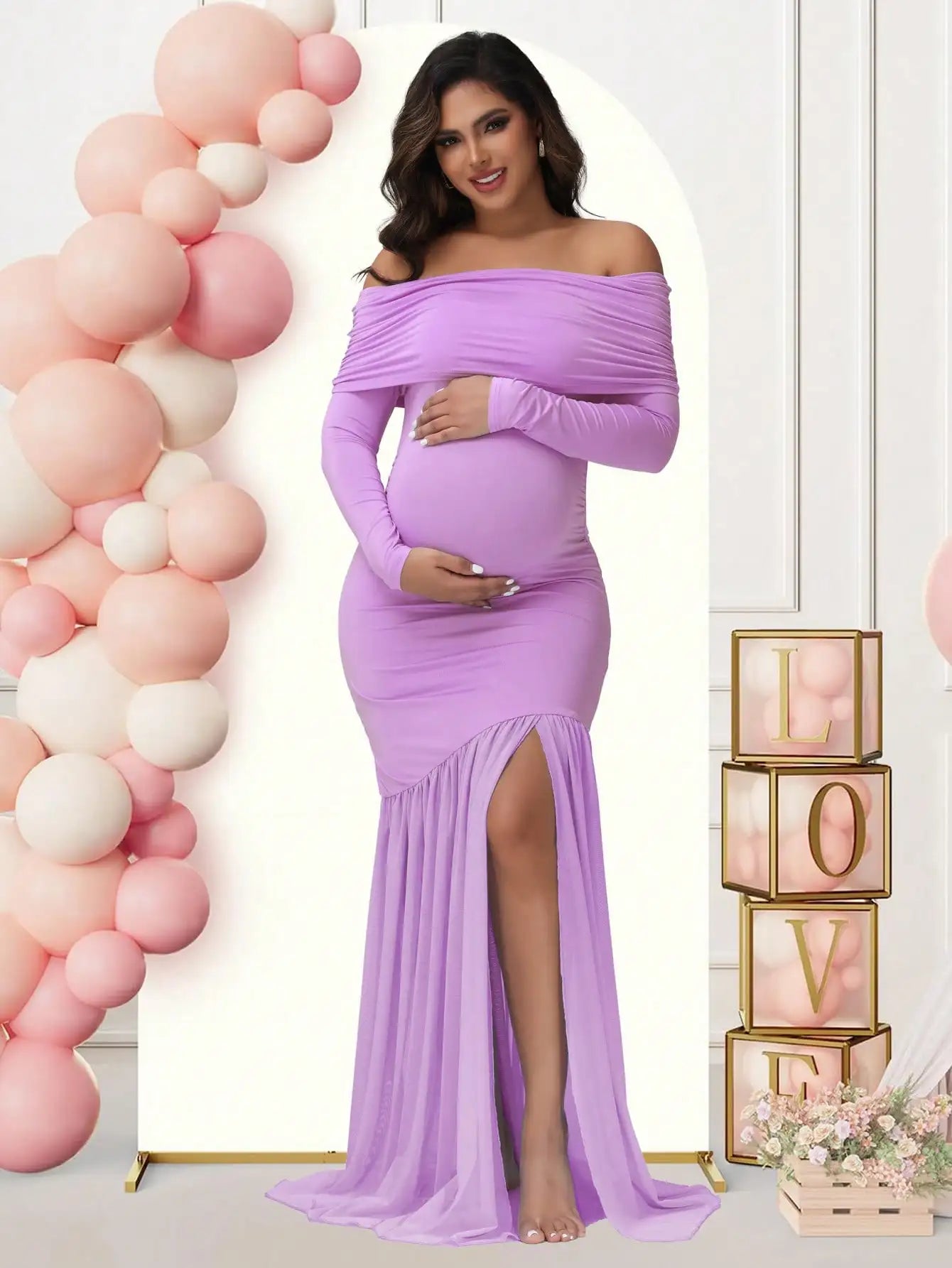 Elegant Maternity Gown Photoshoot Party Dress Off-Shoulder Slits Fishtail Hem