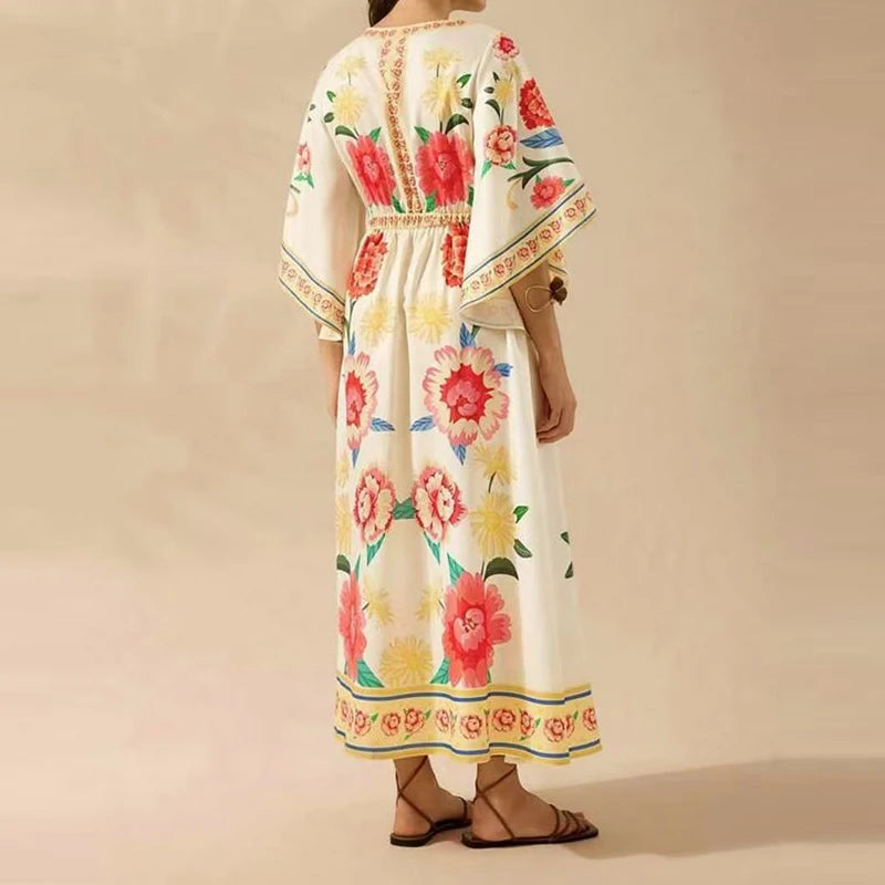 Summer Tropical Plant V-Neck Bohe Elegant Half Sleeve Loose Party Dress A-line
