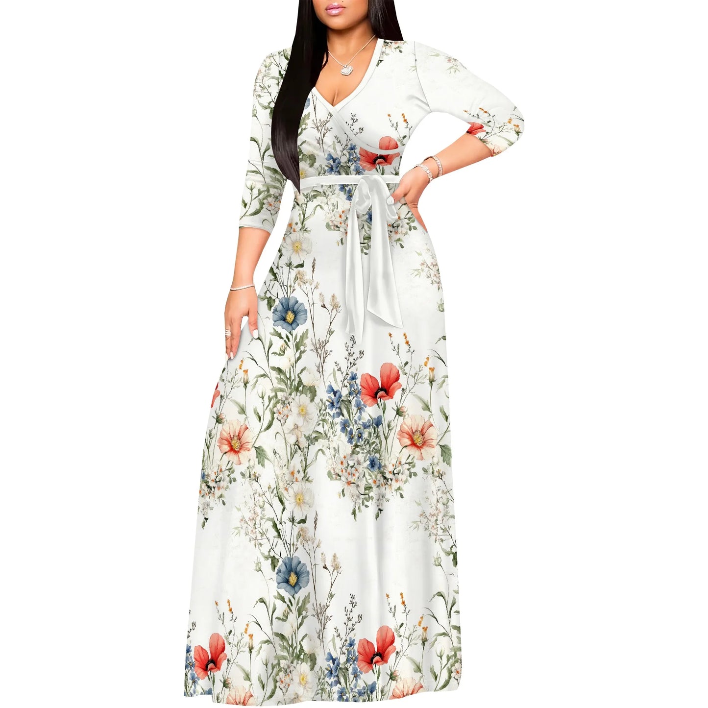 Romantic Floral V-Neck 3/4 Sleeve Wrap Maxi Dress with Belt