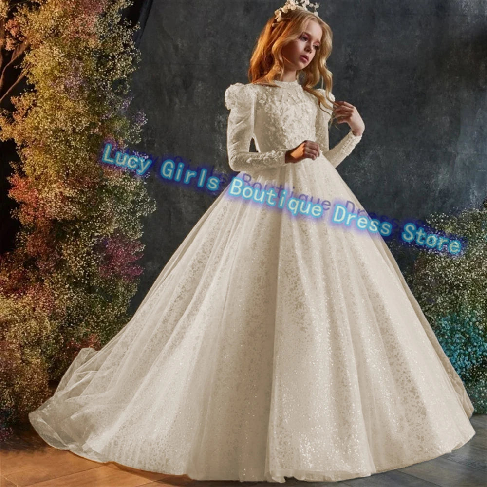 Luxury Sequins Flower Girl Dress For Wedding Party Baptism Birthday Gowns Tulle High Neck