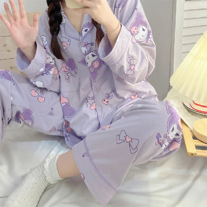 Hello Kitty 2Pcs Pajamas Set for Women Long Sleeve Tops Pants Loungewear