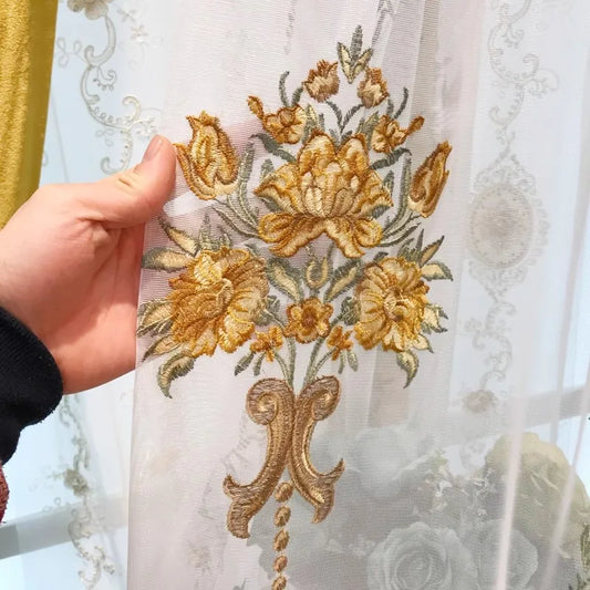 European Elegant Yellow Embroidery Tulle Curtains for Living Dining Room Bedroom - White Ladder Rope Translucidus