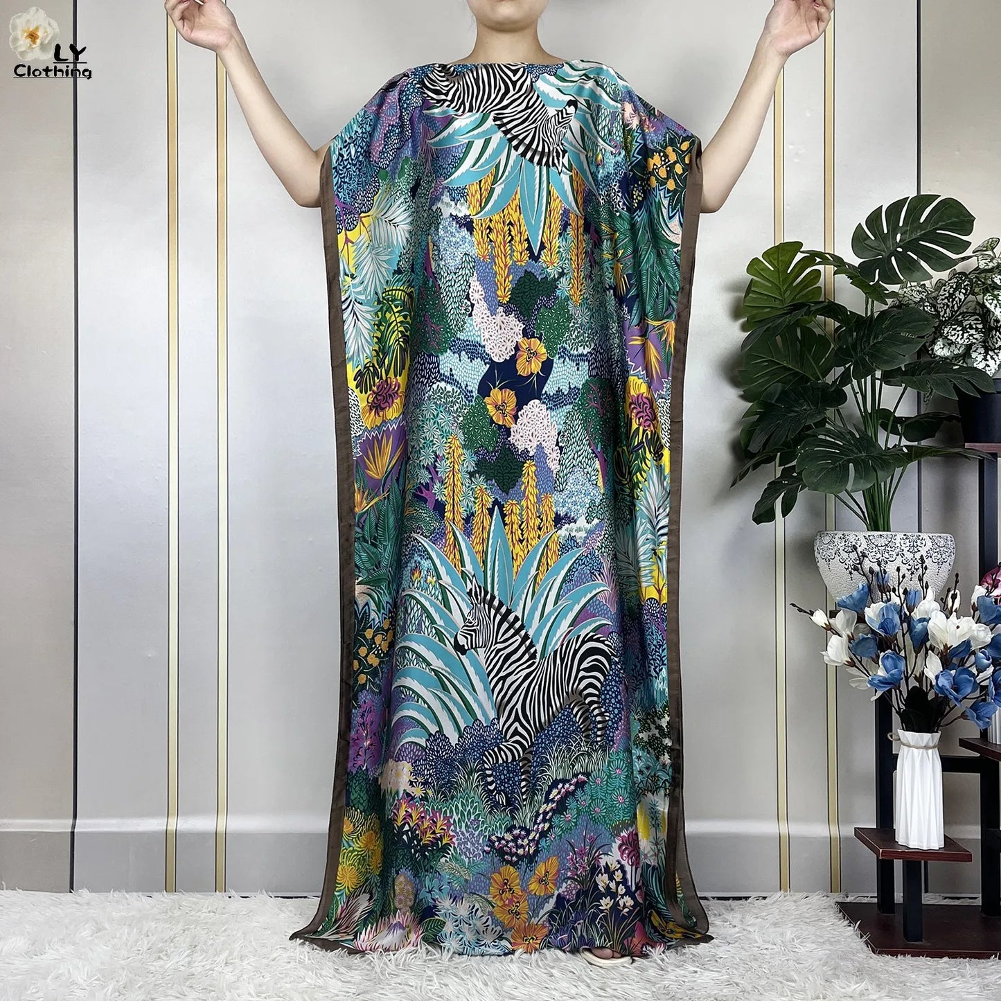 Women Printed Silk Soft Loose Maxi Party Dresses With Belt Turban