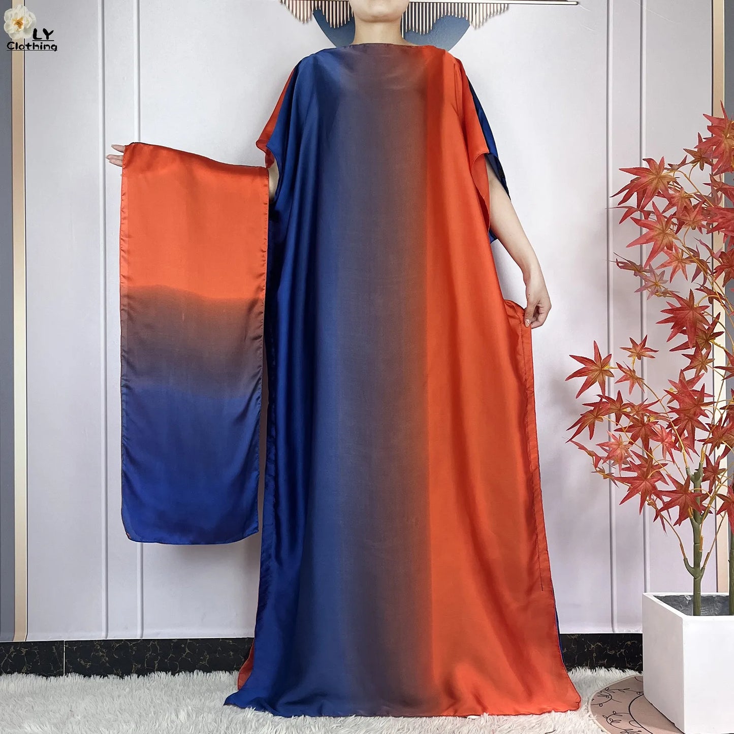 Women Printed Silk Soft Loose Maxi Party Dresses With Belt Turban