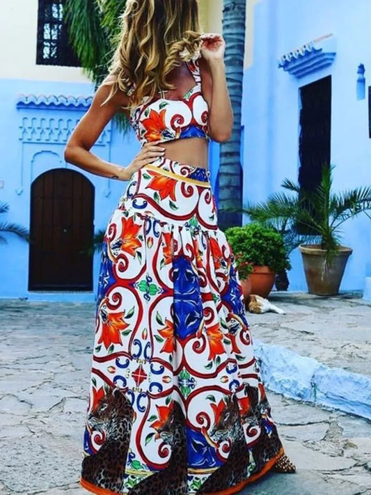 Bohemian Summer Style Two Piece Print A-Line Skirt & Camisole