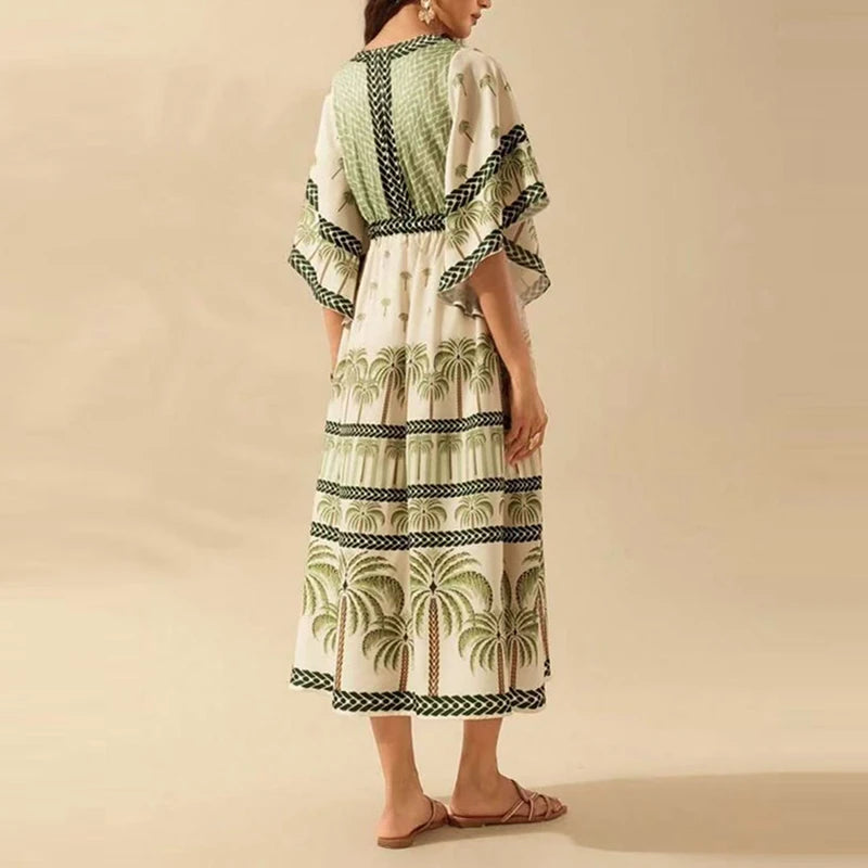 Summer Tropical Plant V-Neck Bohe Elegant Half Sleeve Loose Party Dress A-line
