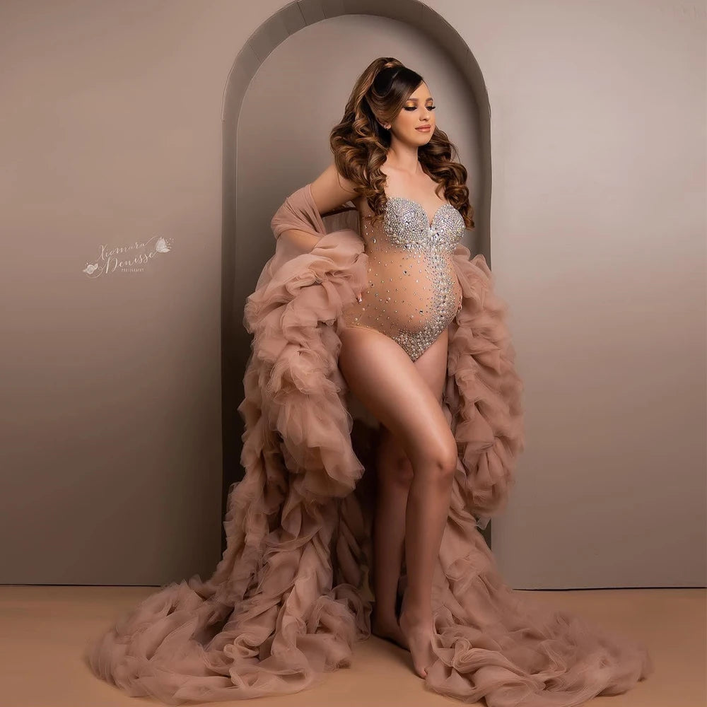 Luxurious Maternity Photography Sexy V Neck Rhinestones Pearls Stretch Jumpsuits Dress