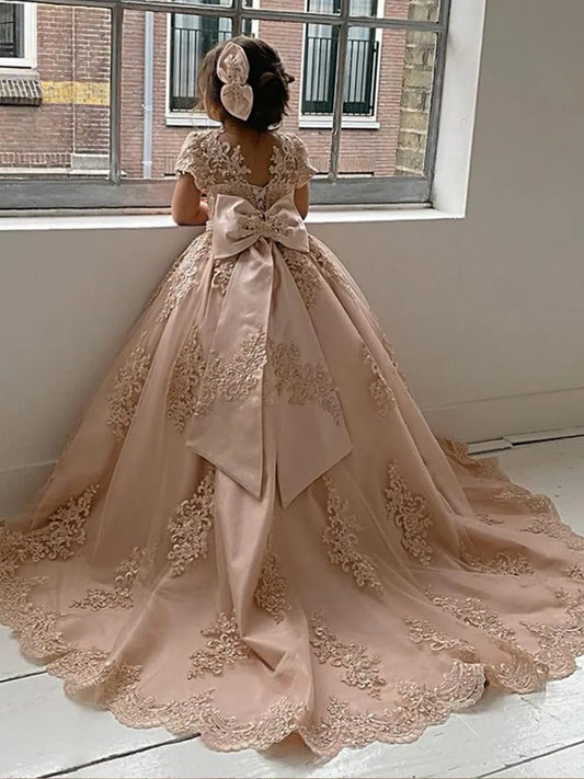 Flower Girl Princess Dresses for Wedding Pageant With Bow-knot Beaded Appliques Long Train Party Gowns