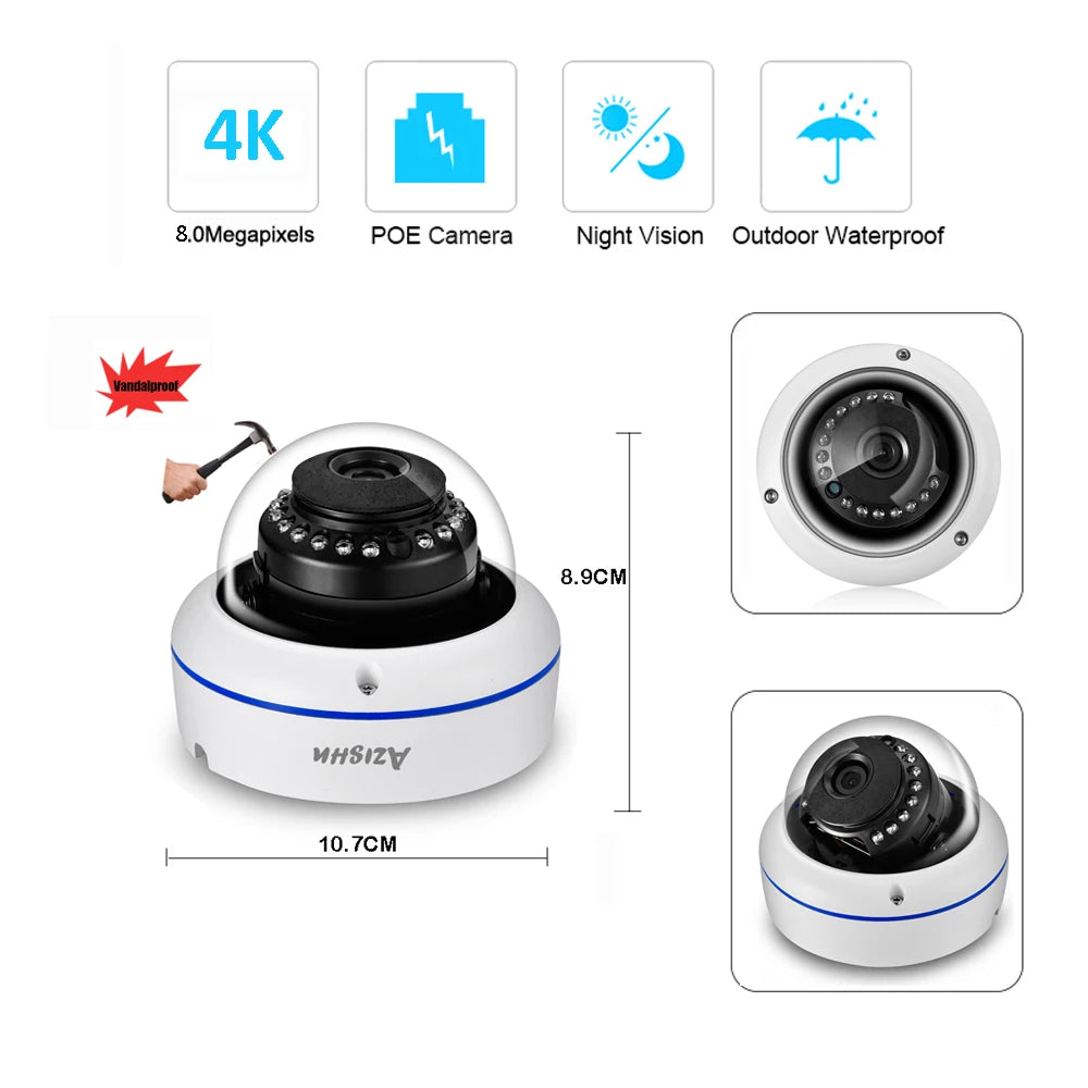 AZISHN 4K 8MP Video Surveillance Set 8CH POE NVR kit AI Human Detection IP Camera Indoor Outdoor Audio Recorder Security System