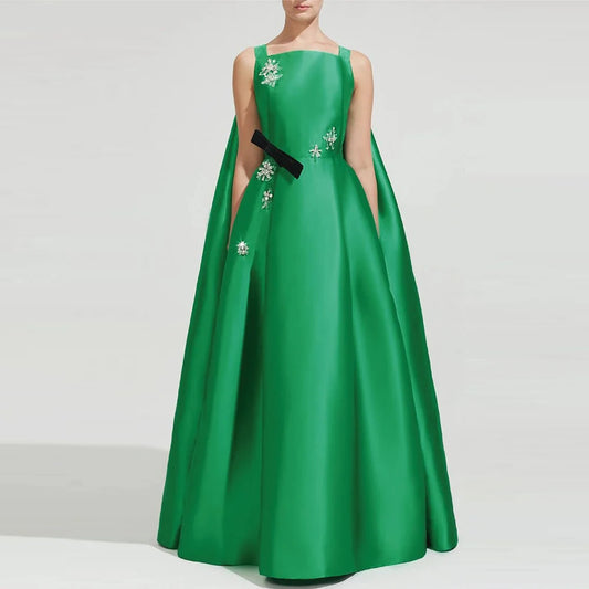 Elegant Luxury Evening Satin Bow Rhinestone Long Dress